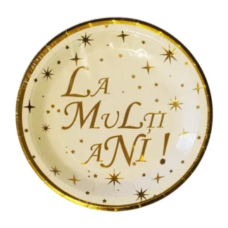 Set 6 farfurii La multi ani, auriu cu stelute, 18 cm