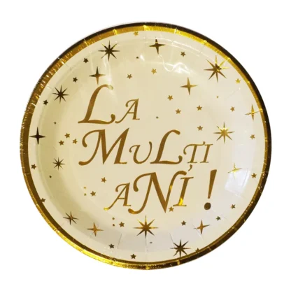 Set 6 farfurii La multi ani, auriu cu stelute, 18 cm