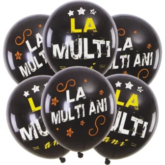 Set 6 baloane latex negre cu mesaj La Multi Ani, de 30 cm