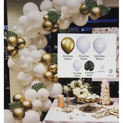 Arcada baloane alb, auriu, cu frunze decorative - imagine 2