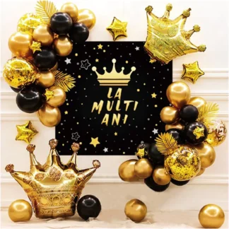 Set aranjament baloane La Multi Ani, auriu-negru, cu coronite si banner carton negru