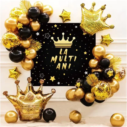 Set aranjament baloane La Multi Ani, auriu-negru, cu coronite si banner carton negru