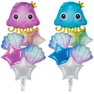 Set 6 baloane folie Ocean Party, cu scoici, stelute si figurina Caracatita roz