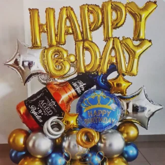 Set aranjament baloane Birthday Party, cu sticla Whisky