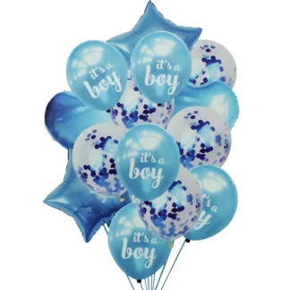 Set aranjament 14 baloane latex si folie, It's a boy, albastru