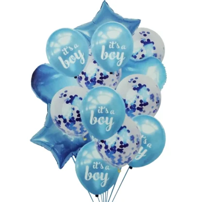 Set aranjament 14 baloane latex si folie, It's a boy, albastru