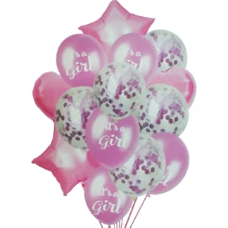 Set aranjament 14 baloane folie si latex, It's a girl, roz