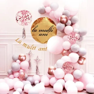 Set arcada baloane roz, cu banner si ghirlanda La Multi Ani