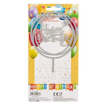 Topper tort Happy Birthday argintiu cu inimioare - imagine 2