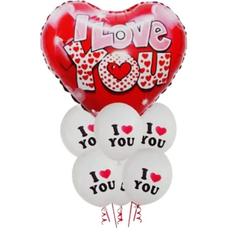 Set 7 baloane folie si latex I Love You rosu cu alb