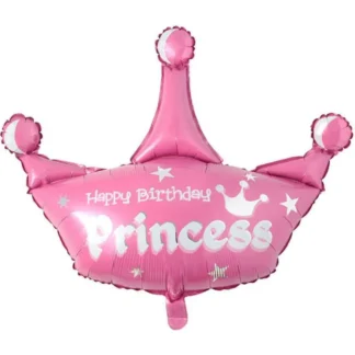 Balon Coronita, Mesaj Happy Birthday Princess, Umflare cu Aer sau Heliu, Folie Mylar, Roz, 85 cm