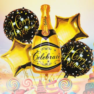 Set 5 baloane folie Happy Birthday, cu Sticla Sampanie, auriu