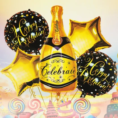 Set 5 baloane folie Happy Birthday, cu Sticla Sampanie, auriu
