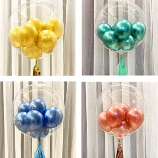 Set aranjament balon Bobo imprimat Happy Birthday, cu 6 baloane latex de 12 cm si ciucure, 45 cm