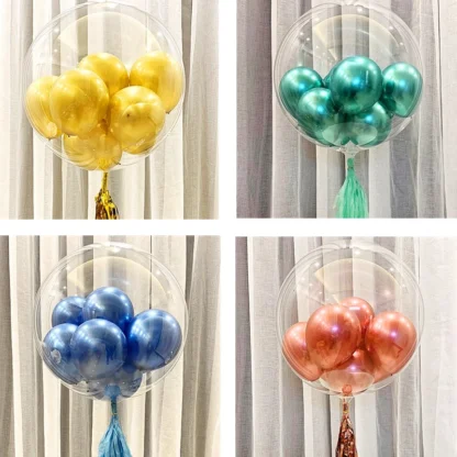 Set aranjament balon Bobo imprimat Happy Birthday, cu 6 baloane latex de 12 cm si ciucure, 45 cm
