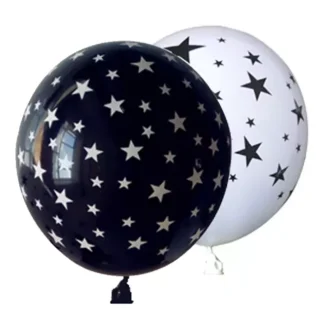 Set 6 baloane latex cu stelute, 30 cm, alb si negru