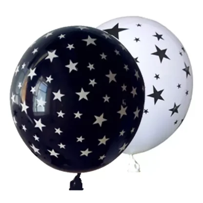 Set 6 baloane latex cu stelute, 30 cm, alb si negru