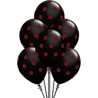 Set 10 baloane latex cu buline, negru cu buline rosii, 30 cm