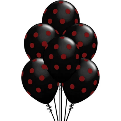 Set 10 baloane latex cu buline, negru cu buline rosii, 30 cm