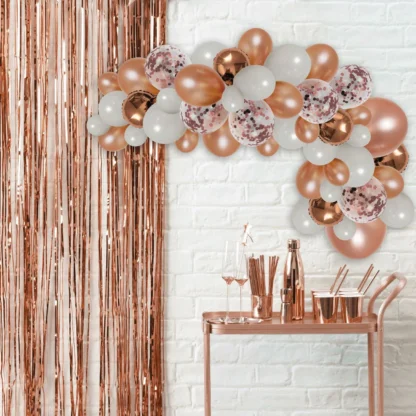 Arcada baloane aniversare petrecere, culori rose gold si alb, cu baloane confetti - imagine 2