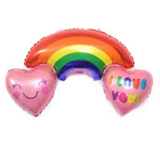 Balon in forma de curcubeu, cu 2 inimioare si mesaj I Love You, 90 cm