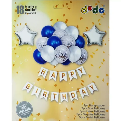 Set aranjament 17 baloane folie si latex, argintiu-albastru cu Banner Happy Birthday - imagine 2