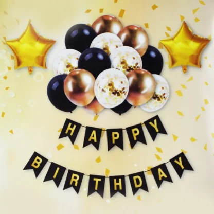 Set aranjament Happy Birthday cu 17 baloane folie si latex, auriu-negru-rose gold - imagine 2