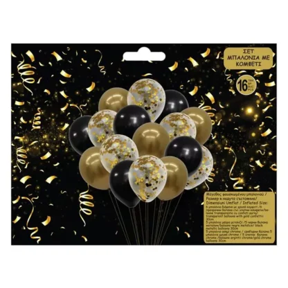 Set aranjament 16 baloane latex confetti, negru, auriu - imagine 2