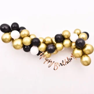 Ghirlanda cu 40 de baloane in culori auriu, negru, alb, cu banner Happy Birthday