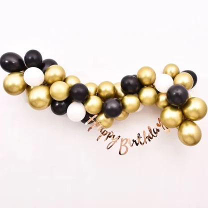 Ghirlanda cu 40 de baloane in culori auriu, negru, alb, cu banner Happy Birthday