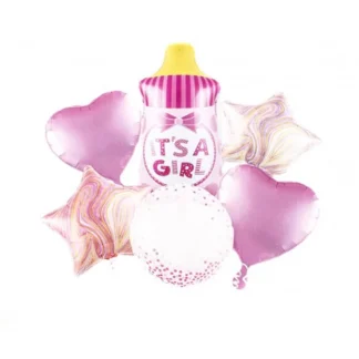Set aranjament 6 baloane cu figurina Biberon It's a Girl roz, 61 cm