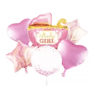 Set aranjament 6 baloane cu figurina Carucior Baby Girl roz, 48 cm