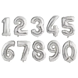 Baloane folie in forma de cifre 1, 2, 3, 4, 5, 6, 7, 8, 9, 0, Argintiu, 70 cm