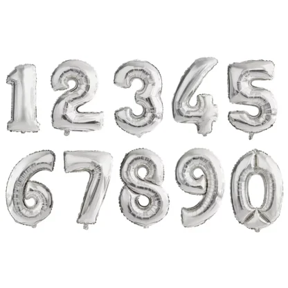 Baloane folie in forma de cifre 1, 2, 3, 4, 5, 6, 7, 8, 9, 0, Argintiu, 70 cm