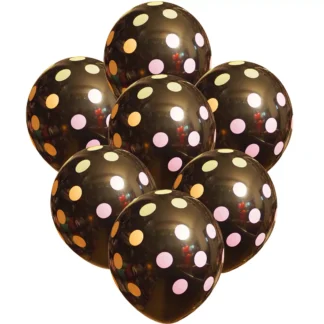 Set 6 baloane latex, negru cu buline multicolore, 30 cm