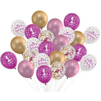 Set 24 baloane latex 1'st Birthday, cu confetti, roz, 30 cm,