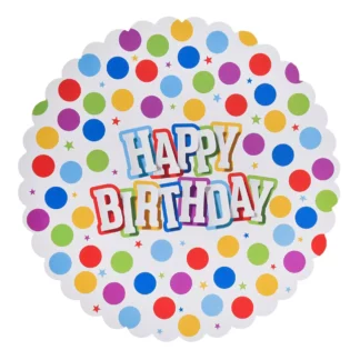 Platou prajituri Happy Birthday cu bulinute multicolore, 30 cm