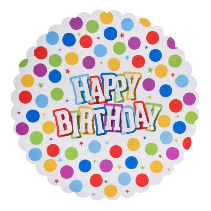 Platou prajituri Happy Birthday cu bulinute multicolore, 30 cm