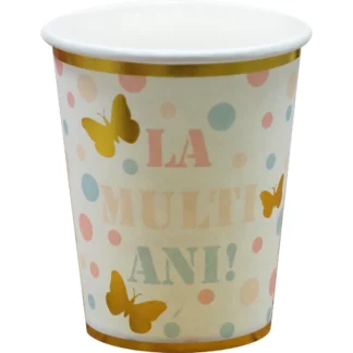 Set 6 pahare cu bulinute multicolore si fluturasi aurii