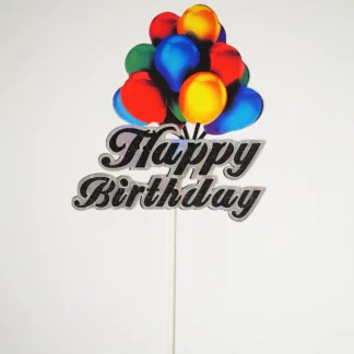 Topper tort Happy Birthday cu baloane multicolore, model 2, 22 cm