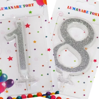 Set lumanare aniversara 18 ani, glitter, argintiu, 13 cm