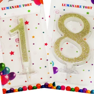Set lumanare aniversara 18 ani, glitter, auriu, 13 cm