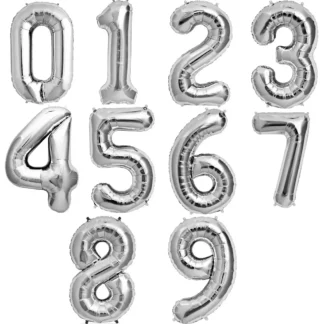 Baloane folie in forma de cifre 1, 2, 3, 4, 5, 6, 7, 8, 9, 0, Argintiu, 40 cm