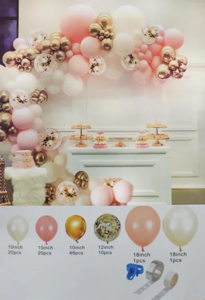 Set arcada baloane in nuante de roz, auriu, alb, cu baloane confetti si accesorii, 100 de baloane - imagine 2