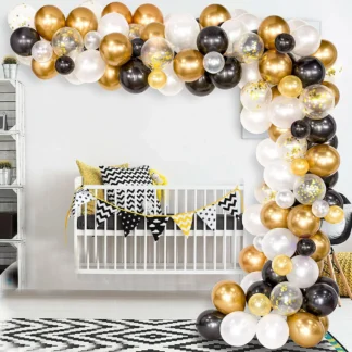 Set arcada baloane in culori auriu, negru, alb, cu baloane confetti si accesorii, 100 de baloane