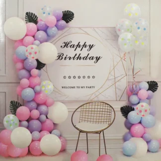 Set arcada baloane in nuante de roz, alb, mov, albastru cu banner si accesorii, 100 de baloane