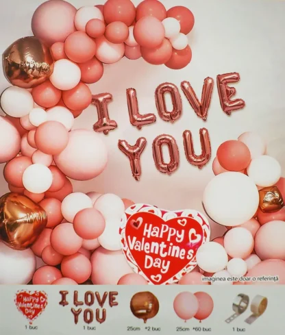 Set arcada baloane Valentine's Day in 2 nuante de roz, cu baloane litere I Love You, baloane folie si accesorii - imagine 2