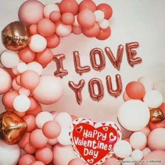 Set arcada baloane Valentine's Day in 2 nuante de roz, cu baloane litere I Love You, baloane folie si accesorii