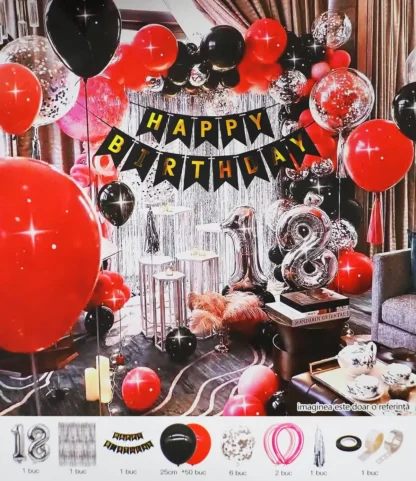 Set arcada baloane Happy Birthday 18 ani in nuante de rosu, negru si argintiu - imagine 2