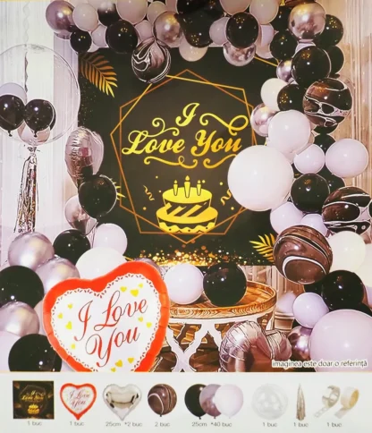 Set arcada 45 baloane latex si folie I Love You, in nuante de negru, alb, argintiu, cu banner - imagine 2